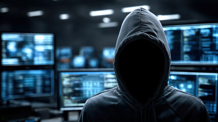 Obraz premium Man wearing a hoodie is looking at monitors. Concept of cyber threats