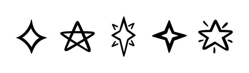 Line star glitter shine. Hand drawn doodle shine star burst sign. Sketch magic blink set. Doodle spark shape icon design element. Vector illustration on white background.