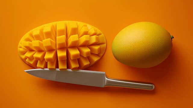 Vibrant mango and creatively cut mango slice on bright orange background, showcasing the art of fruit preparation, with a close-up camera zoom enhancing the textures and colors of the scene