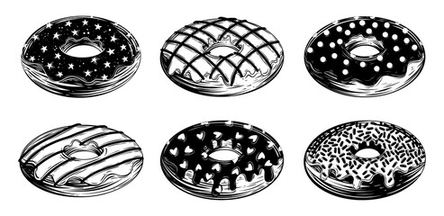 Set of sprinkles and icing donuts with stars, hearts, cream and chocolate. Vector black ink isolated illustration in sketch line style