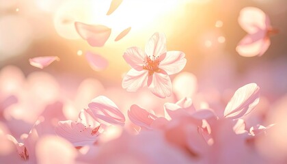 Soft Pink Cherry Blossom Petals Gently Falling During Golden Hour Sunlight With Bokeh Background In Springtime