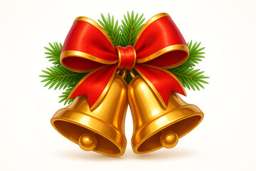 Golden christmas bells with red ribbon and pine needles decoration holiday symbol illustration isolated white background