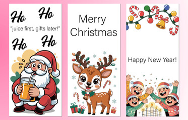 Cheerful Christmas and New Year Vertical Greeting Cards Set