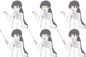 案内する女性医師、指し棒を持つ白衣の女性。説明する若い女性のクリップアート6点セット