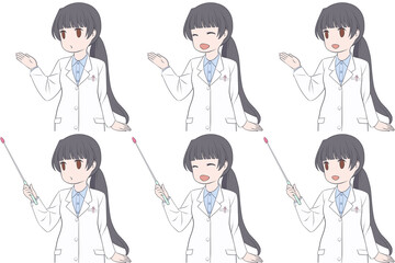 案内する女性薬剤師、指し棒を持つ白衣の女性。説明する若い女性のクリップアート6点セット