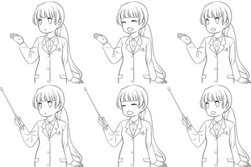 案内する女性薬剤師、指し棒を持つ白衣の女性。説明する若い女性の線画6点セット