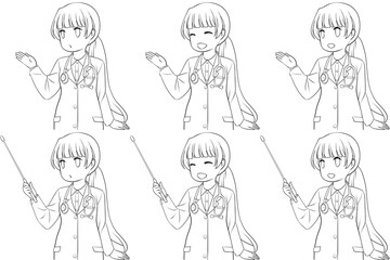 案内する女性薬剤師、指し棒を持つ白衣の女性。説明する若い女性の線画6点セット