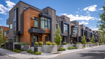Modern Urban Townhouses with Clean Lines and Stylish Fa&ccedil;ades Surrounded by Lush Greenery on a Sunny Day in a Trendy Neighborhood
