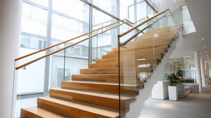 Modern wooden staircase with glass railing in bright contemporary interior, showcasing architectural elegance and minimalistic design features