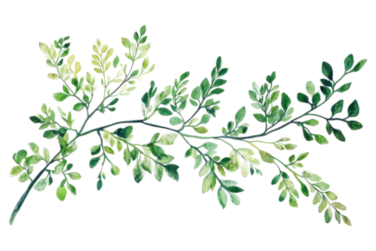 Green branch with leaves isolated on transparent background. Branch of green moringa leaves tropical herbs isolated on white background.