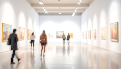 Blurred figures stroll in an art gallery with bright lights, artwork on walls, and polished floor reflecting light