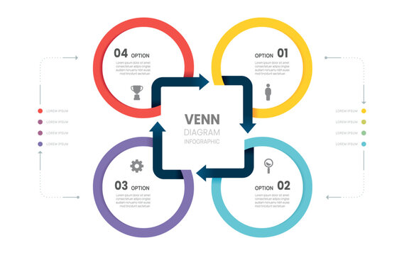 Venn diagram business infographic square circle arrow chart template 4 steps options, presentation with venn diagram elements vector illustration.