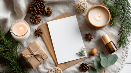 White card with a blank space sits on a table with candles and pine cones. Scene is cozy and warm, with the candles