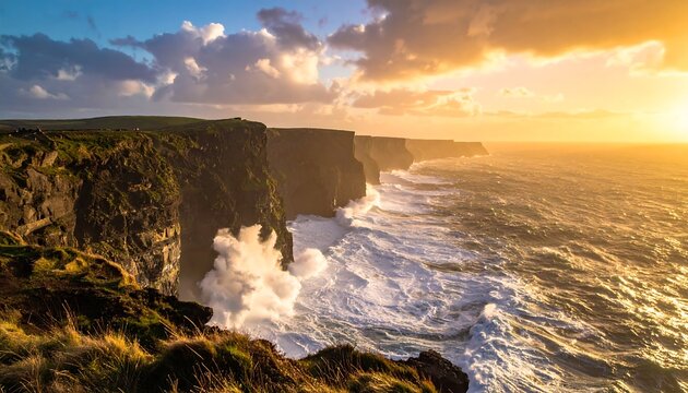 Rugged cliffs meet the ocean as waves crash against the rock face under a sky painted with golden light