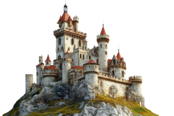 Fairytale castle on a green hill isolated on transparent background. Castle on a hill isolated on white background.