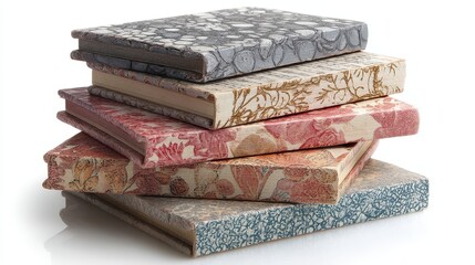 Colorful patterned notebooks stacked creatively.