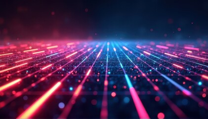 Fototapeta premium Futuristic neon-lit digital grid receding into the distance, with glowing lines, bokeh particles and vibrant colors evoking cyberspace, virtual landscapes, and high-tech interfaces.