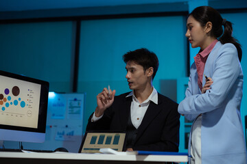 Financial analysts work overtime analyzing data on tablets, laptops, and graphs. Collaboration, teamwork, and planning.