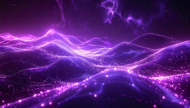 Shimmering purple waves under a nebula sky; ethereal landscape with glowing particles and flowing lines - Powered by Adobe
