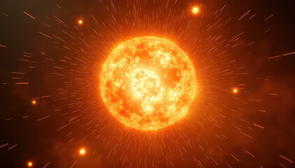 A glowing, fiery star-like sun emitting bright plasma flares and streaking sparks against a dark cosmic backdrop.