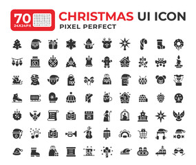 Christmas glyph ui icons set. Happy New Year. Traditional symbols of happy winter holiday. Xmas fun. Black solid symbols vector iconset. User interface flat elements collection, pixel perfect