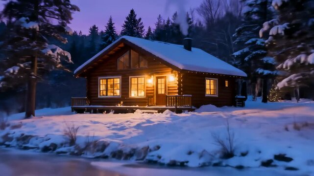 Lakeside Winter Holiday Cabin at Year End Peaceful Vacation Reflection Background