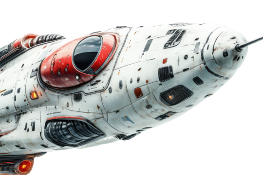 Detailed close up of a futuristic spacecraft exterior isolated on transparent background. Close up of a space ship isolated on white background.