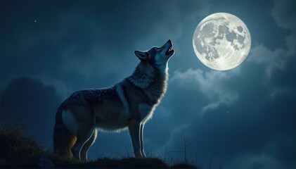 A lone wolf howling at a luminous full moon above a grassy hill under a cloudy, starry night sky.