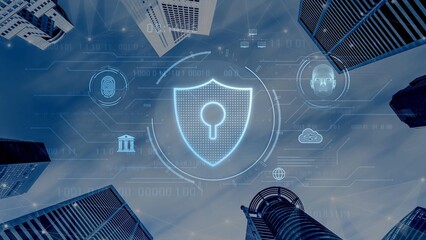 Cyber security interface with biometric and AI-powered protection system. Cyber security secures access, cybersecurity protects identity, cybersecurity detects threats, and defends data. Marrow