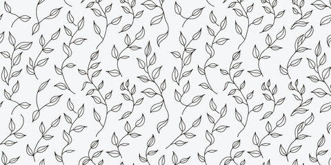 Delicate line art pattern of thin branches with leaves on a white background leaf vine