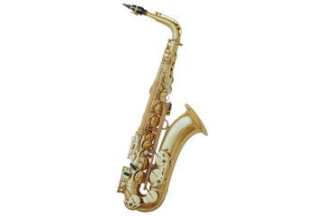 Naklejka premium Golden alto saxophone musical instrument isolated on transparent background. Gold saxophone on white background.