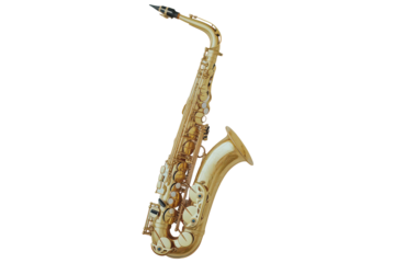 Golden alto saxophone musical instrument isolated on transparent background. Gold saxophone on white background.