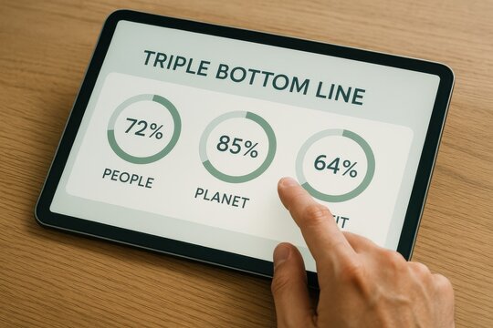 Hand Touching Tablet Screen Displaying Triple Bottom Line Metrics on Wooden Table