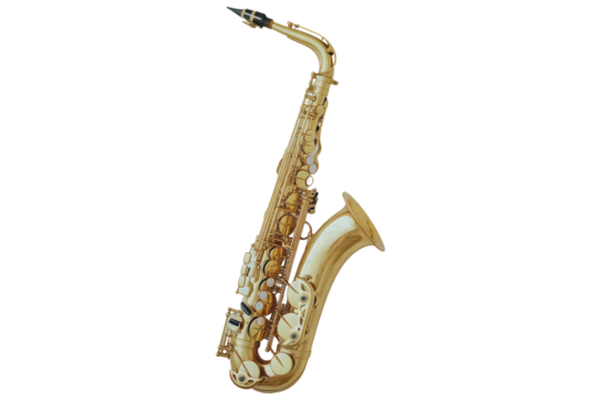 Golden alto saxophone musical instrument isolated on transparent background. Gold saxophone on white background.