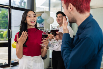 Successful business team, excited businessman feel happy work complete with champagne and pizza, celebration excellent financial results.