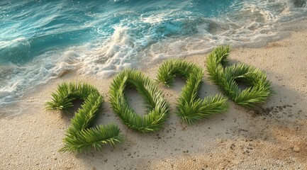 The number 2026 is formed from green grass on a sandy beach near the ocean. Waves gently lap at the shore under a clear blue sky.