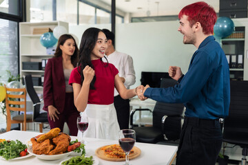 Successful business team, excited businessman feel happy work complete with champagne and pizza, celebration excellent financial results.