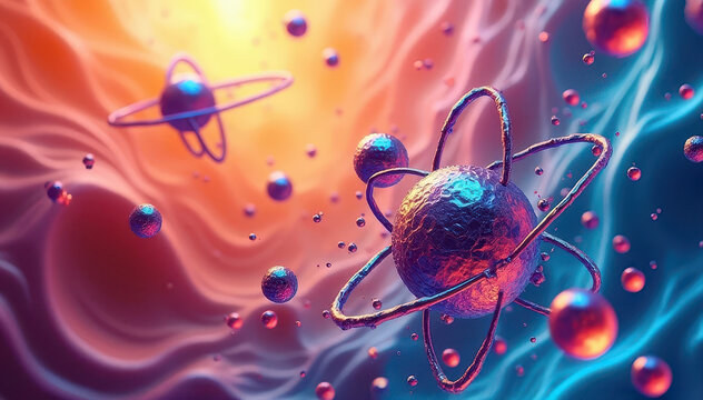 Vivid digital illustration of atoms with orbiting electrons and glowing nuclei in an abstract colorful cosmic background, evoking quantum physics and subatomic particles.