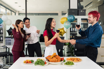 Successful business team, excited businessman feel happy work complete with champagne and pizza, celebration excellent financial results.