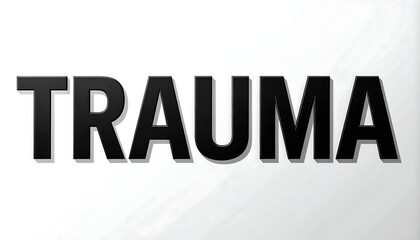 Bold black "TRAUMA" text, shadowed, on a white textured backdrop with subtle gray diagonal gradient