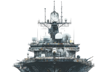 Wrecked and rusted warship superstructure isolated on transparent background. Large military ship with multiple antennas on white background.