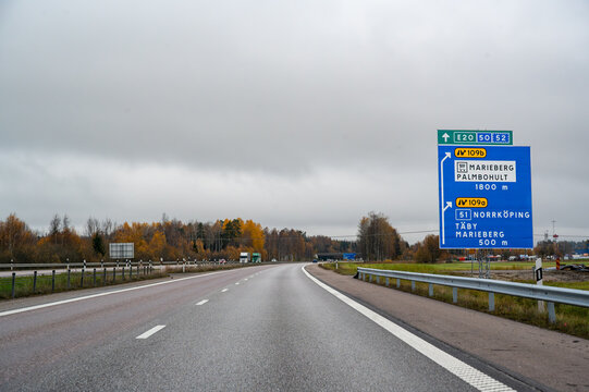 Road sign on road E20 in Sweden near Orebro