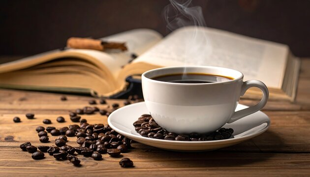 Steaming coffee in a white cup with beans, sits near an open book on aged wood surface. Cozy and inviting scene