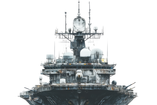 Wrecked and rusted warship superstructure isolated on transparent background. Large military ship with multiple antennas on white background. - Powered by Adobe