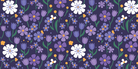Seamless floral pattern with purple and white flowers and green stems on dark blue background bloom