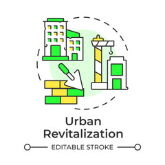 Urban revitalization multi color concept icon. Renewing and improving neglected urban areas. City planning type. Round shape line illustration. Abstract idea. Graphic design. Easy to use in booklet