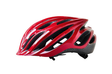 Fototapeta premium Bright red cycling helmet isolated on transparent background. Red bicycle helmet isolated on white background.