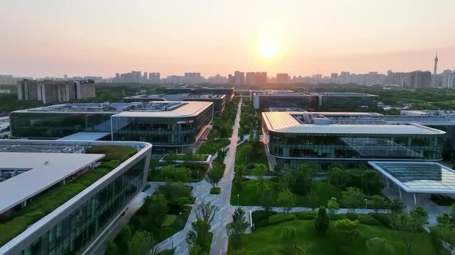 Aerial view of a modern corporate campus with sleek glass buildings and lush green landscaping at sunset.