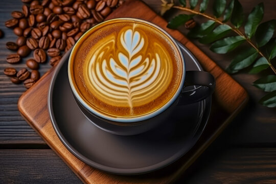 latte coffee cup with foam art on a dark wooden background - Powered by Adobe