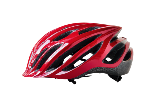 Bright red cycling helmet isolated on transparent background. Red bicycle helmet isolated on white background.